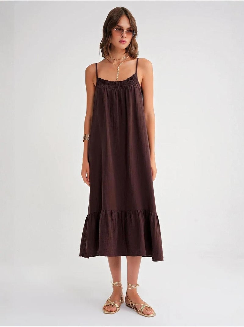 Robe mi-longue en coton avec détails à volants mixray Marron chocolat - Kiabi