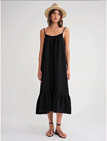 Robe mi-longue en coton avec détails à volants mixray