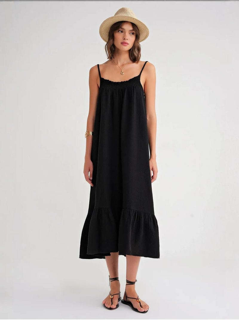 Robe mi-longue en coton avec détails à volants mixray Noir - Kiabi