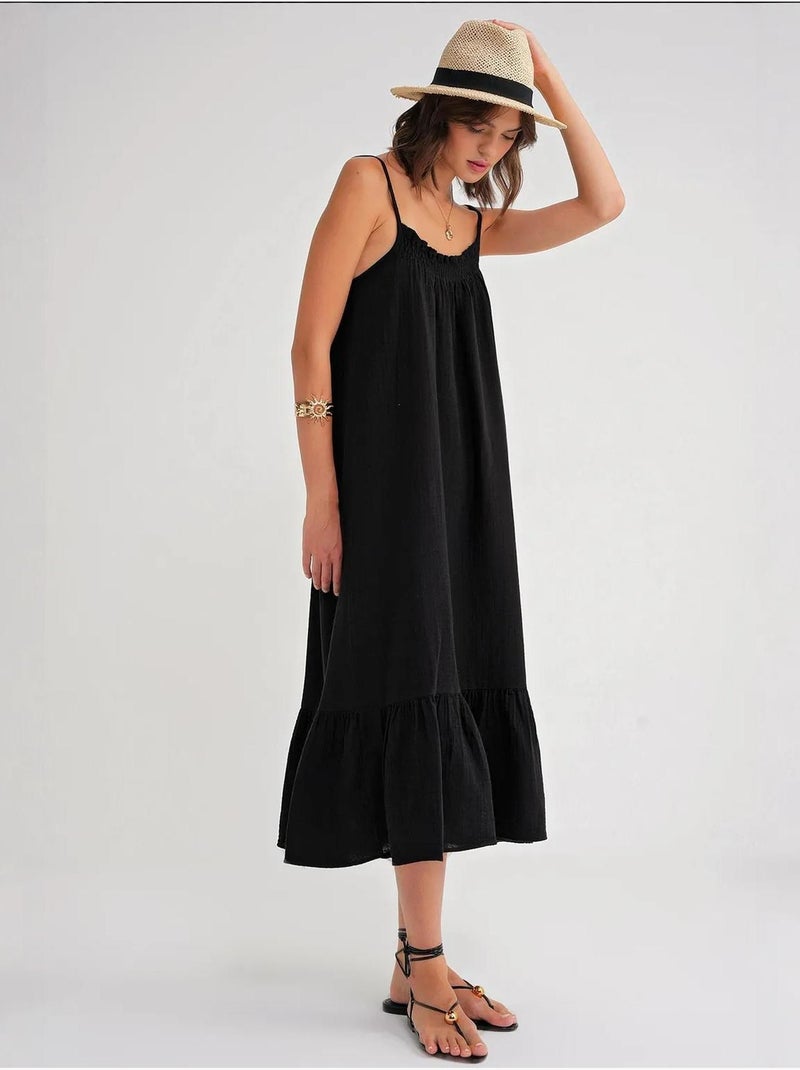 Robe mi-longue en coton avec détails à volants mixray Noir - Kiabi
