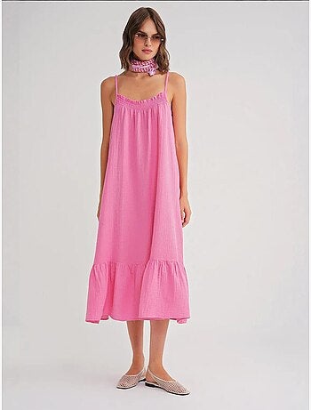 Robe mi-longue en coton avec détails à volants mixray