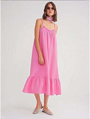 Robe mi-longue en coton avec détails à volants mixray