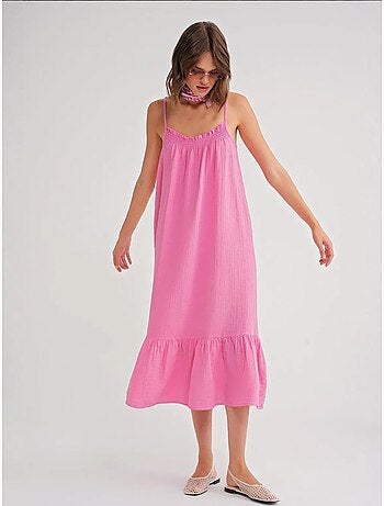 Robe mi-longue en coton avec détails à volants mixray