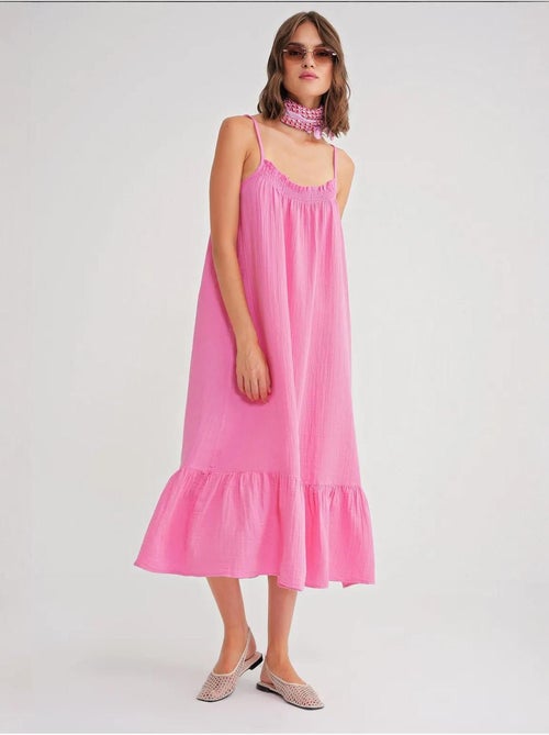 Robe mi-longue en coton avec détails à volants mixray - Kiabi Robe mi-longue en coton avec détails à volants mixray - Kiabi