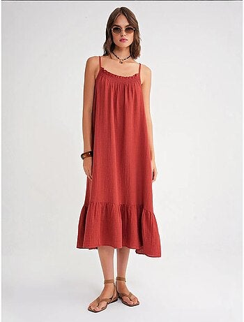 Robe mi-longue en coton avec détails à volants mixray