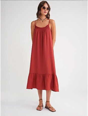 Robe mi-longue en coton avec détails à volants mixray
