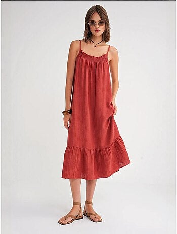 Robe mi-longue en coton avec détails à volants mixray