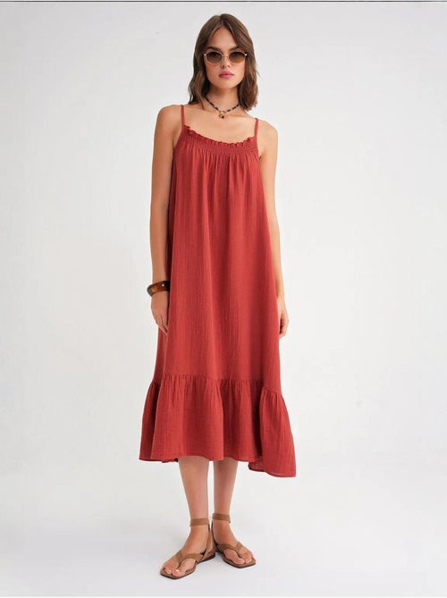 Robe mi-longue en coton avec détails à volants mixray - Kiabi Robe mi-longue en coton avec détails à volants mixray - Kiabi