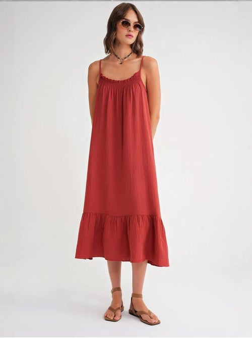 Robe mi-longue en coton avec détails à volants mixray - Kiabi Robe mi-longue en coton avec détails à volants mixray - Kiabi