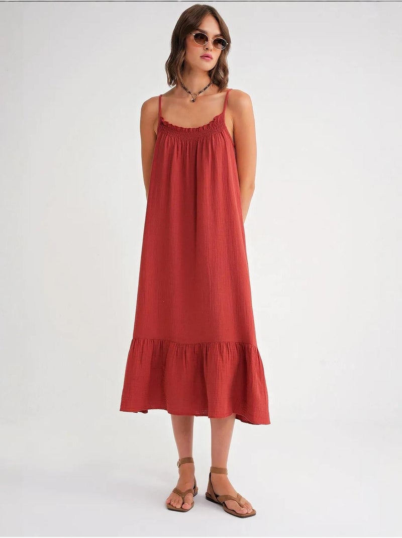 Robe mi-longue en coton avec détails à volants mixray Rouge foncé - Kiabi