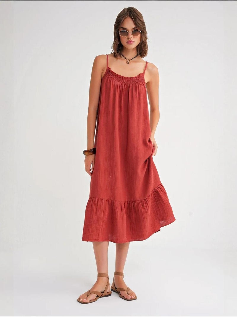Robe mi-longue en coton avec détails à volants mixray Rouge foncé - Kiabi