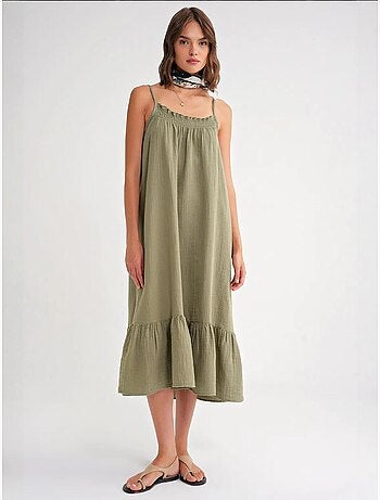 Robe mi-longue en coton avec détails à volants mixray