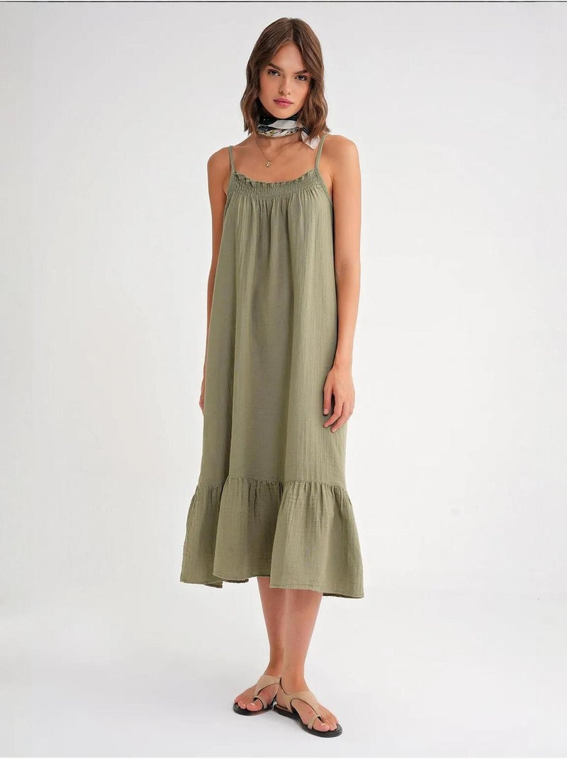 Robe mi-longue en coton avec détails à volants mixray Vert pastel - Kiabi