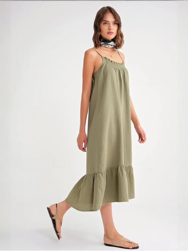 Robe mi-longue en coton avec détails à volants mixray Vert pastel - Kiabi