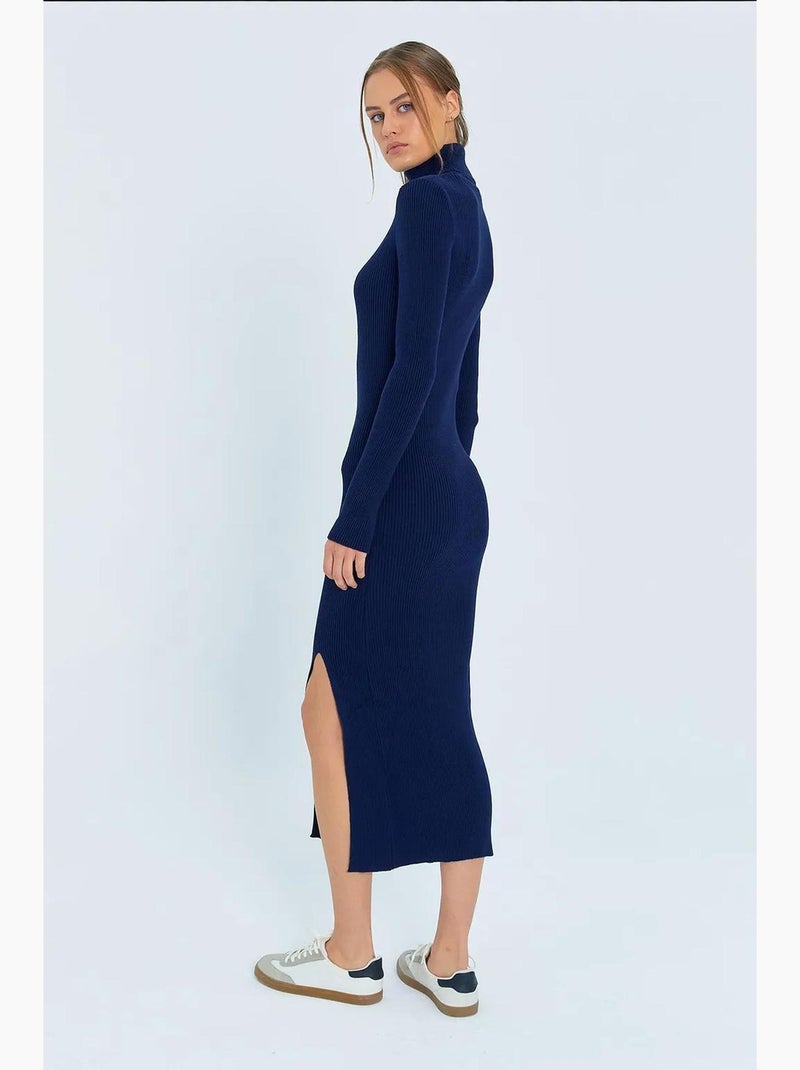 Robe mi-longue en maille à col roulé et coupe slim avec fente mixray Bleu marine - Kiabi