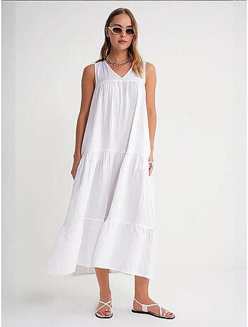 Robe mi-longue en mousseline sans manches à col en v et poches mixray