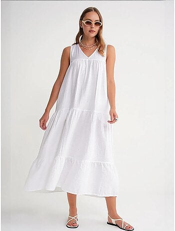 Robe mi-longue en mousseline sans manches à col en v et poches mixray