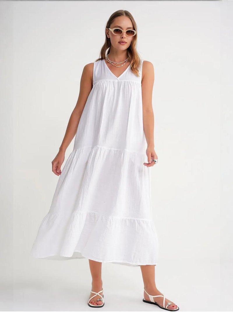 Robe mi-longue en mousseline sans manches à col en v et poches mixray Blanc - Kiabi