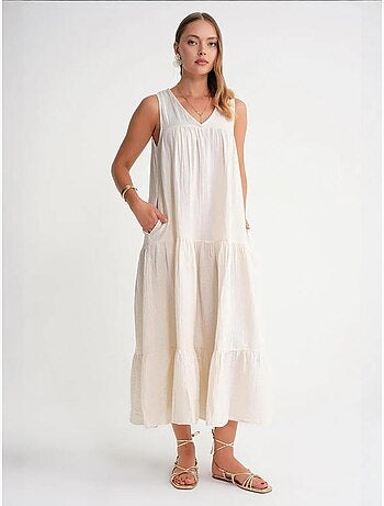 Robe mi-longue en mousseline sans manches à col en v et poches mixray