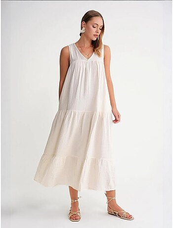 Robe mi-longue en mousseline sans manches à col en v et poches mixray