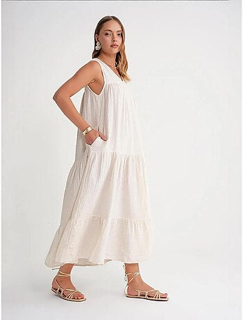 Robe mi-longue en mousseline sans manches à col en v et poches mixray