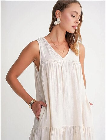 Robe mi-longue en mousseline sans manches à col en v et poches mixray