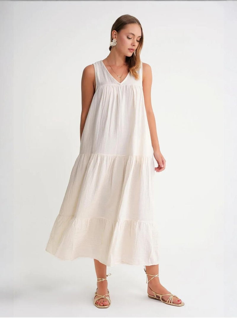 Robe mi-longue en mousseline sans manches à col en v et poches mixray Ivoire - Kiabi