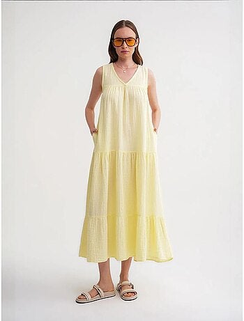 Robe mi-longue en mousseline sans manches à col en v et poches mixray