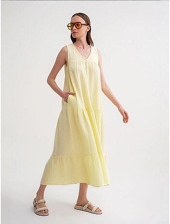 Robe mi-longue en mousseline sans manches à col en v et poches mixray