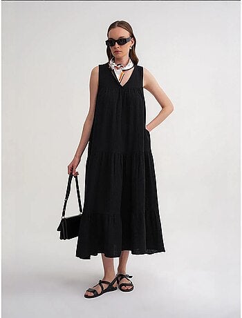 Robe mi-longue en mousseline sans manches à col en v et poches mixray