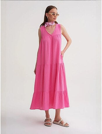 Robe mi-longue en mousseline sans manches à col en v et poches mixray
