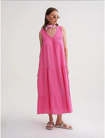 Robe mi-longue en mousseline sans manches à col en v et poches mixray