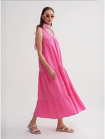Robe mi-longue en mousseline sans manches à col en v et poches mixray