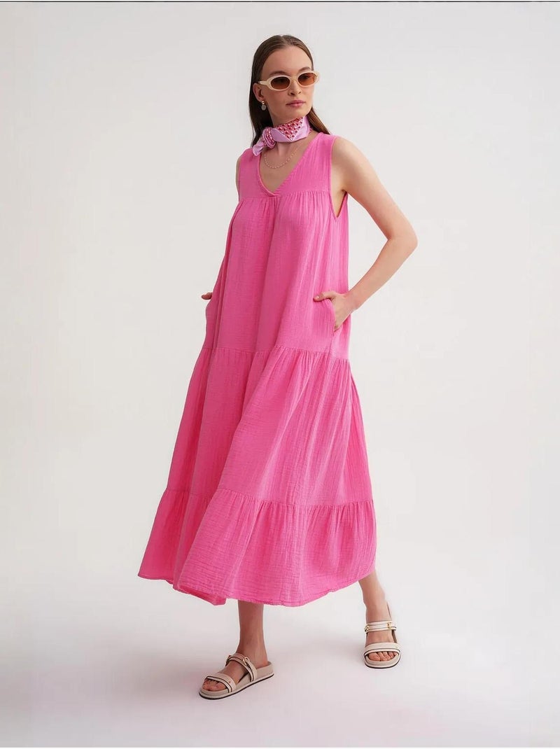 Robe mi-longue en mousseline sans manches à col en v et poches mixray Rose fluo/Solinotes - Kiabi
