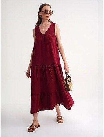 Robe mi-longue en mousseline sans manches à col en v et poches mixray
