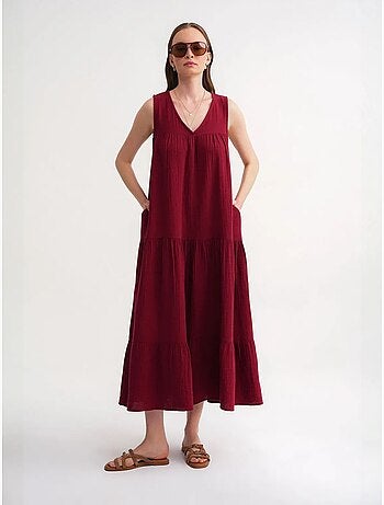 Robe mi-longue en mousseline sans manches à col en v et poches mixray