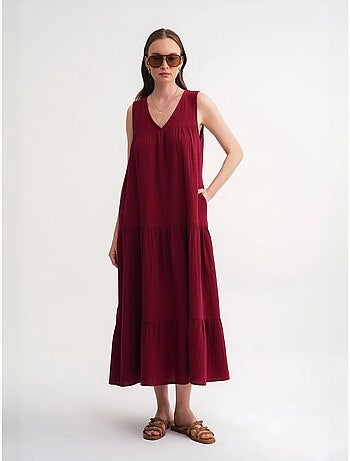 Robe mi-longue en mousseline sans manches à col en v et poches mixray