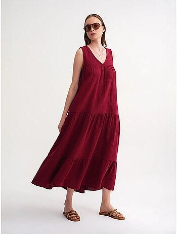 Robe mi-longue en mousseline sans manches à col en v et poches mixray