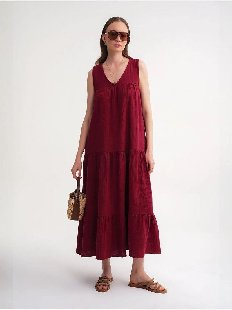 Robe mi-longue en mousseline sans manches à col en v et poches mixray Rouge bordeaux - Kiabi