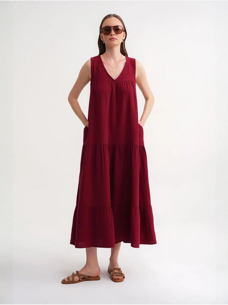Robe mi-longue en mousseline sans manches à col en v et poches mixray Rouge bordeaux - Kiabi