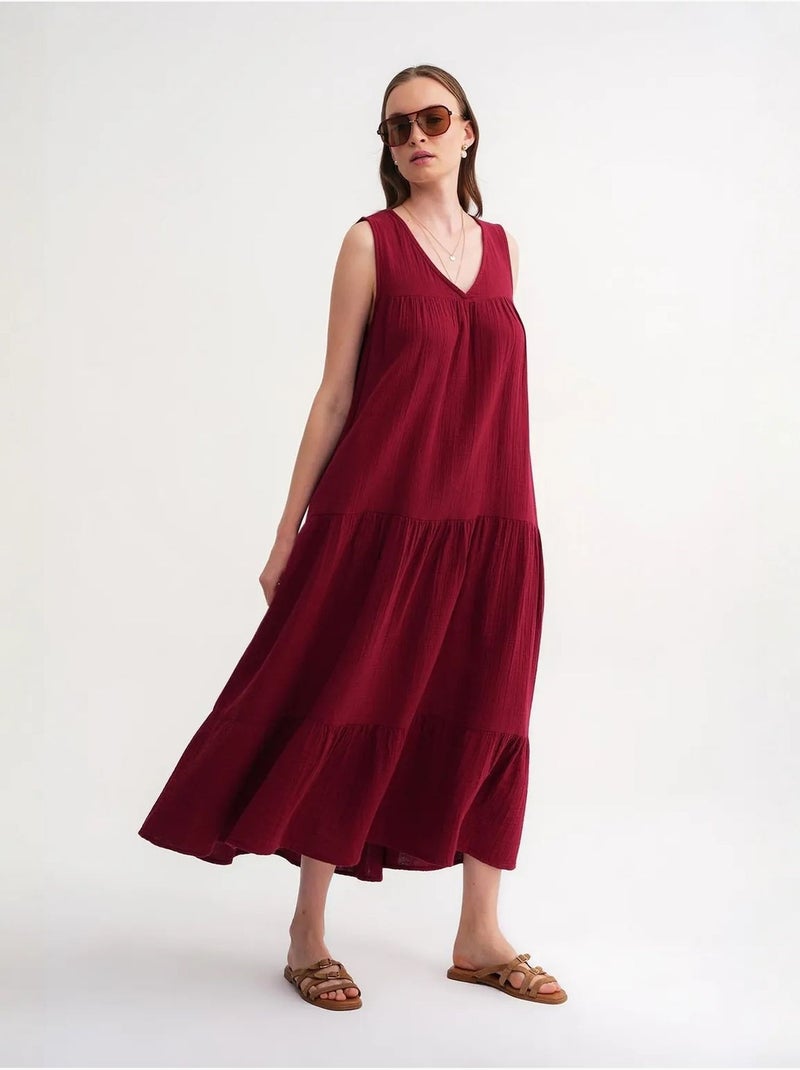 Robe mi-longue en mousseline sans manches à col en v et poches mixray Rouge bordeaux - Kiabi