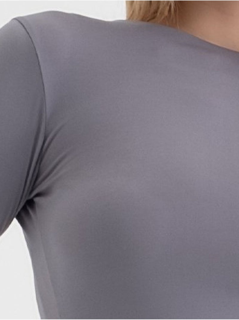 Robe mi-longue fendue à col rond et manches longues Gris - Kiabi
