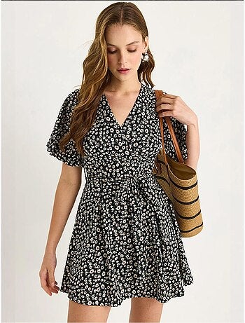 Robe mi-longue fleurie à col en v et fente lucci
