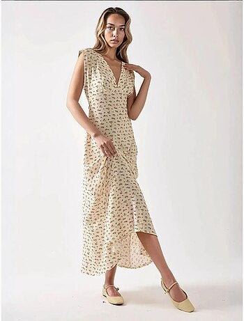 Robe mi-longue fleurie à col en v