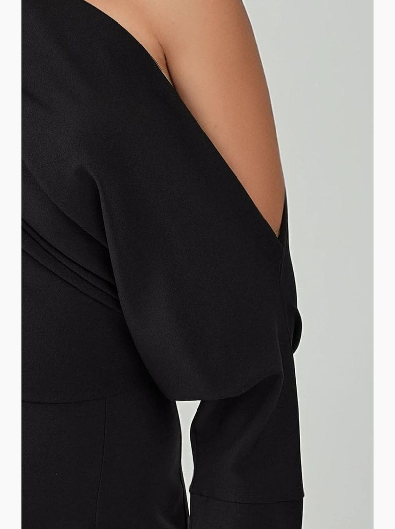 Robe mi-longue moulante à col asymétrique et fente hiccup Noir - Kiabi