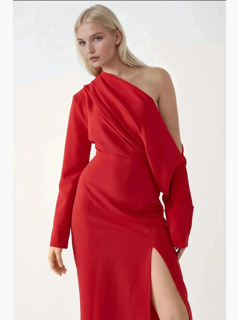 Robe mi-longue moulante à col asymétrique et fente hiccup Rouge - Kiabi