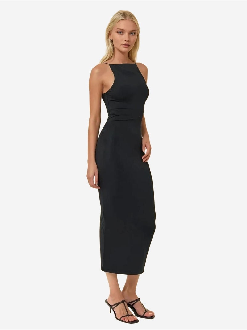 Robe mi-longue moulante à col licou Noir - Kiabi