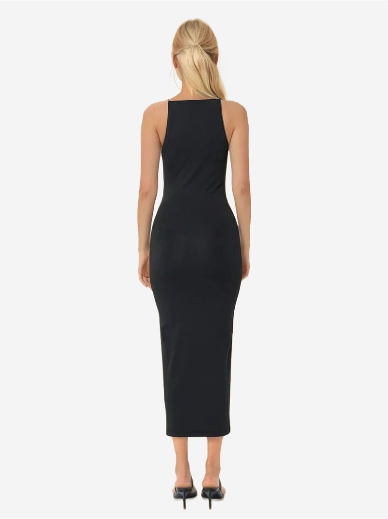 Robe mi-longue moulante à col licou Noir - Kiabi
