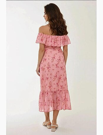 Robe mi-longue moulante à épaules dénudées et motif fleuri hiccup
