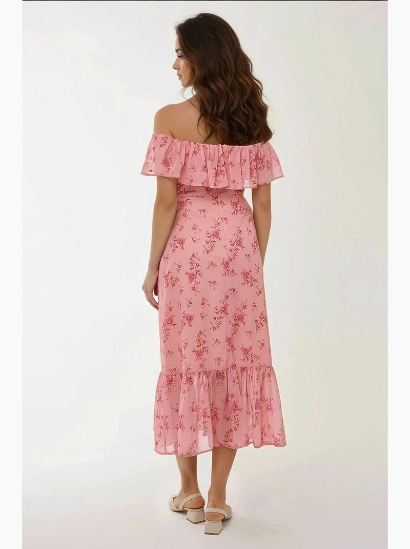 Robe mi-longue moulante à épaules dénudées et motif fleuri hiccup Rose - Kiabi